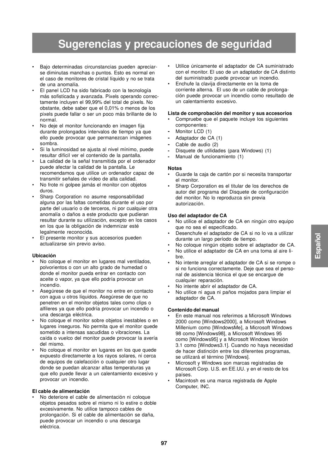 Sharp LL-T15S1 operation manual Sugerencias y precauciones de seguridad 