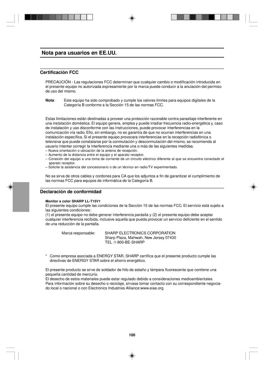 Sharp LL-T15V1 operation manual Nota para usuarios en EE.UU, Certificación FCC, Declaración de conformidad, 100 