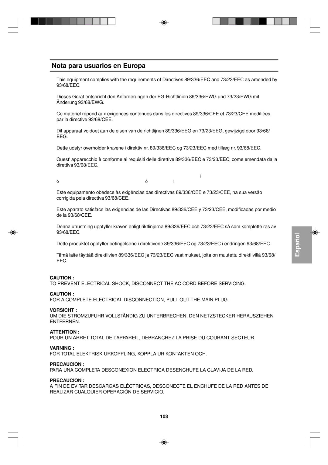 Sharp LL-T15V1 operation manual Nota para usuarios en Europa, 103 