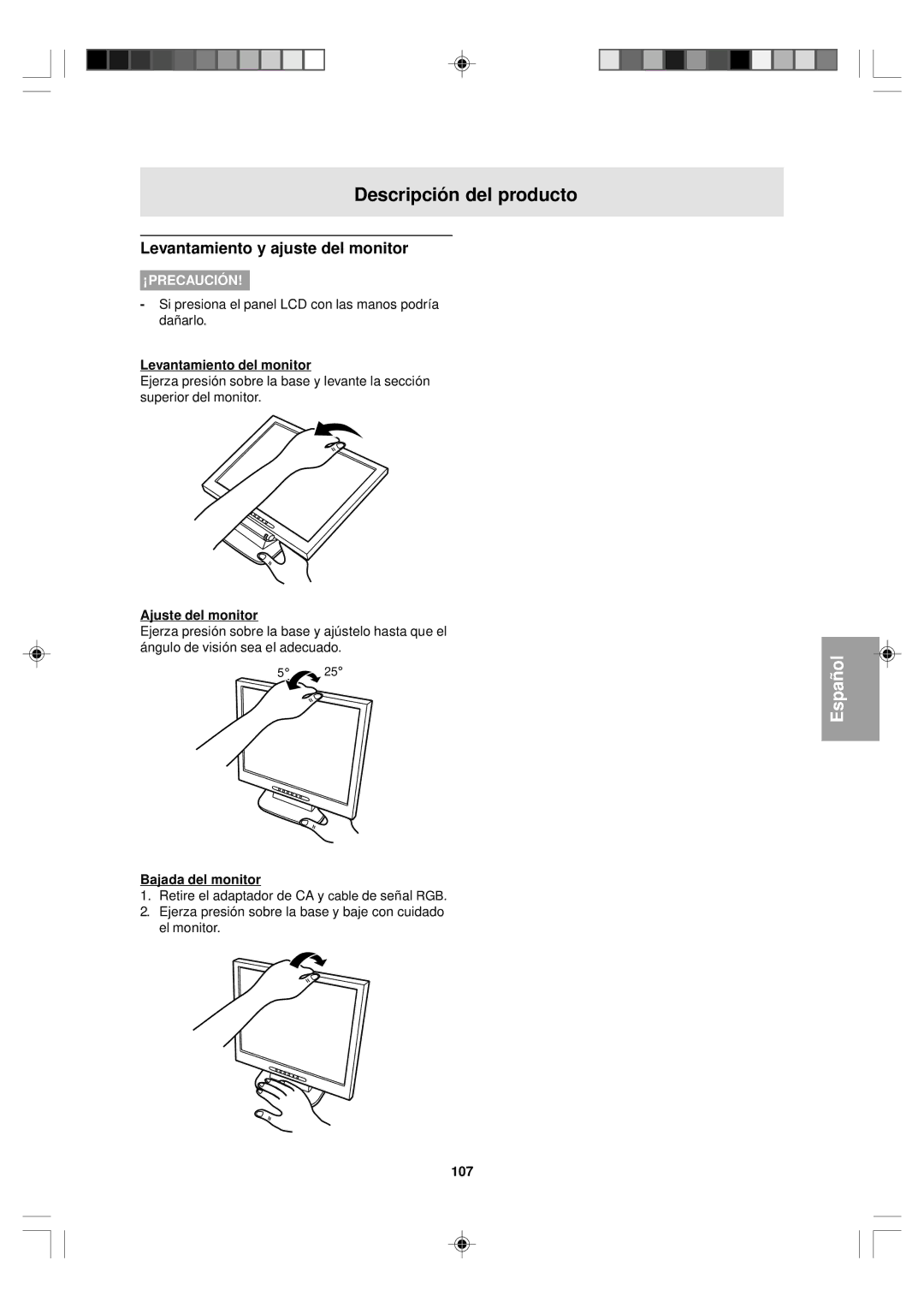 Sharp LL-T15V1 operation manual Descripción del producto, Levantamiento y ajuste del monitor 