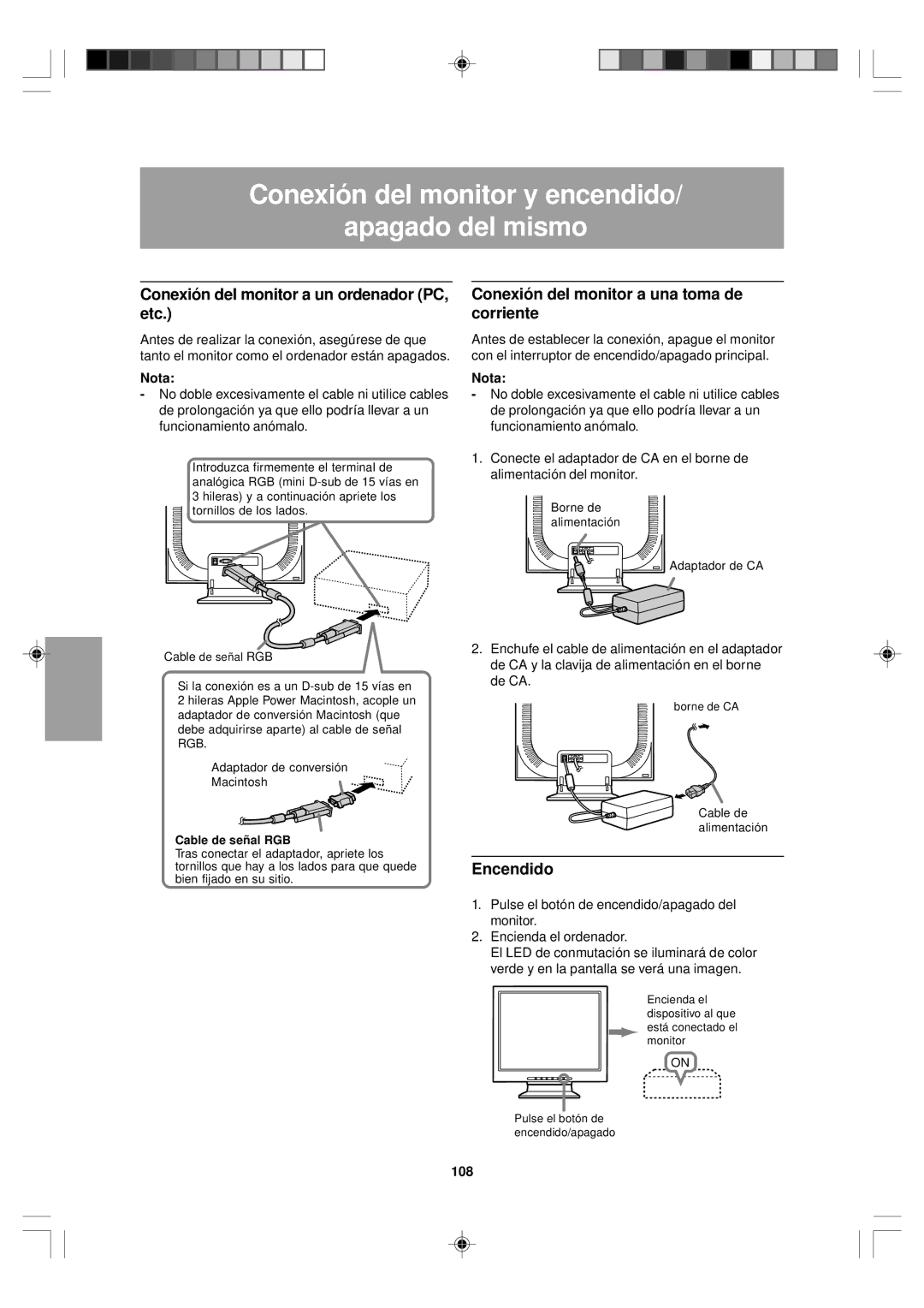 Sharp LL-T15V1 Conexión del monitor a un ordenador PC, etc, Conexión del monitor a una toma de corriente, Encendido, 108 