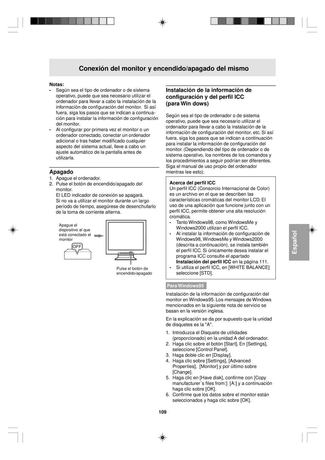 Sharp LL-T15V1 operation manual Conexión del monitor y encendido/apagado del mismo, Apagado, Acerca del perfil ICC, 109 