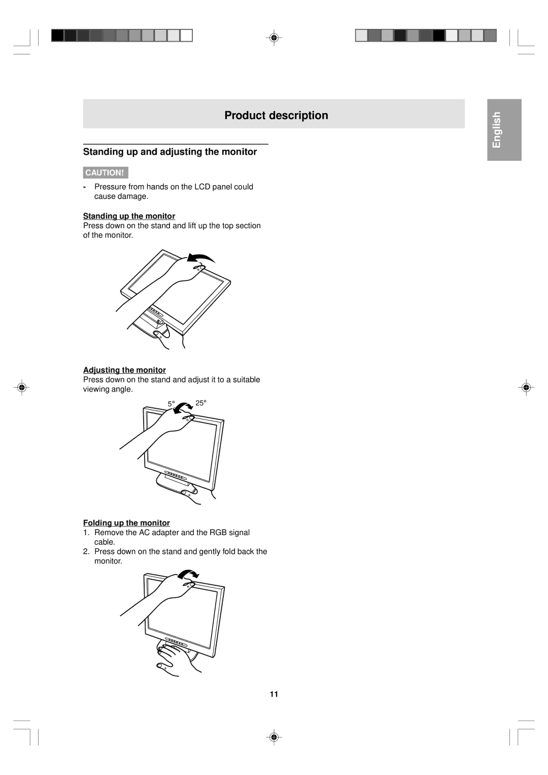 Sharp LL-T15V1 Product description, Standing up and adjusting the monitor, Standing up the monitor, Adjusting the monitor 