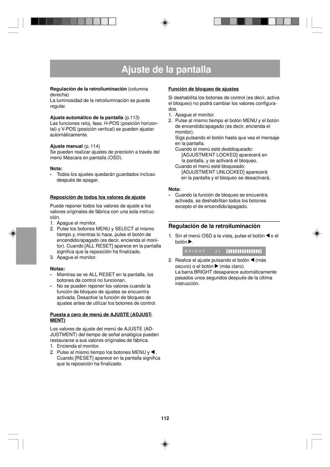 Sharp LL-T15V1 operation manual Ajuste de la pantalla, Regulación de la retroiluminación 