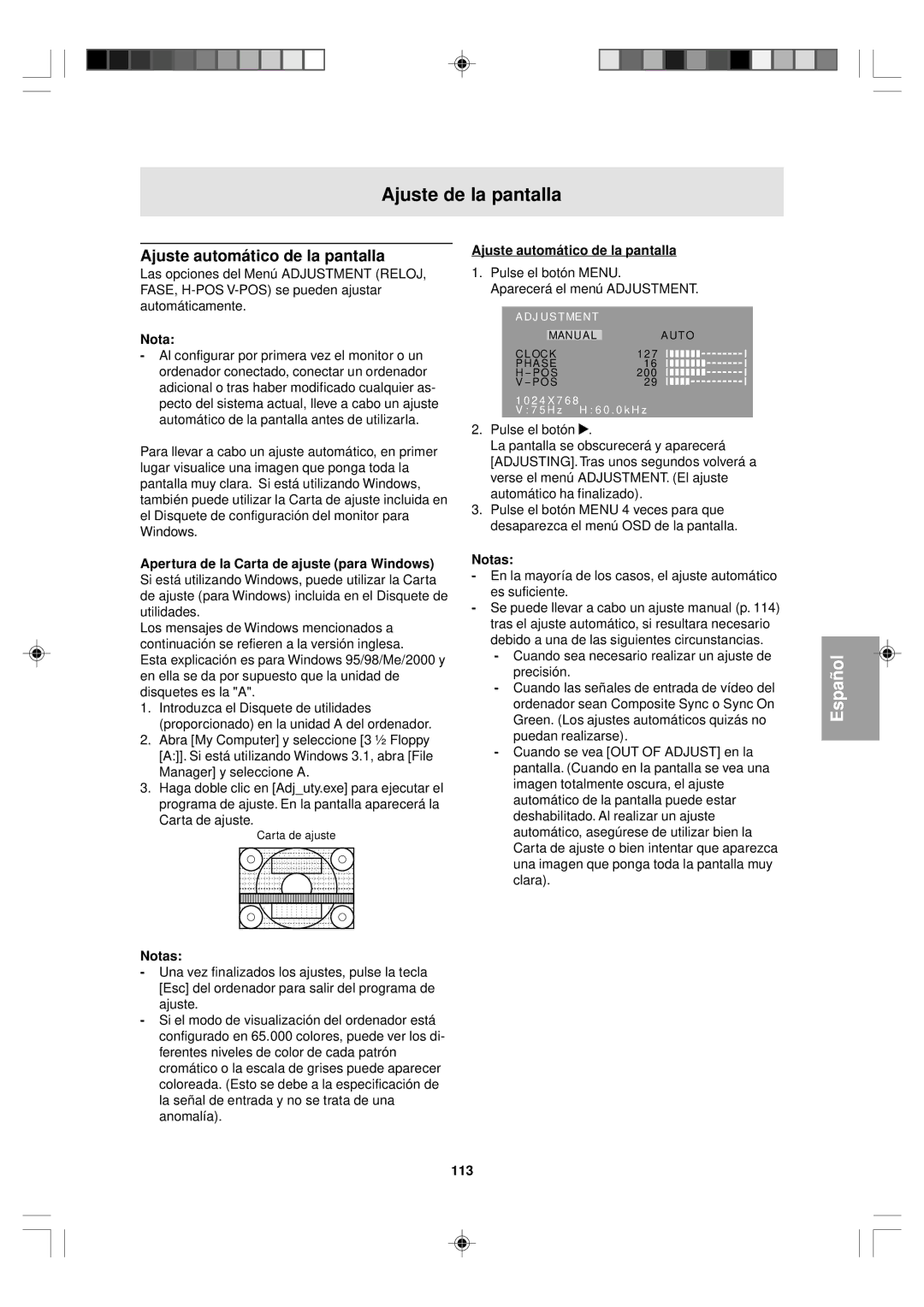 Sharp LL-T15V1 operation manual Ajuste de la pantalla, Ajuste automático de la pantalla, 113 