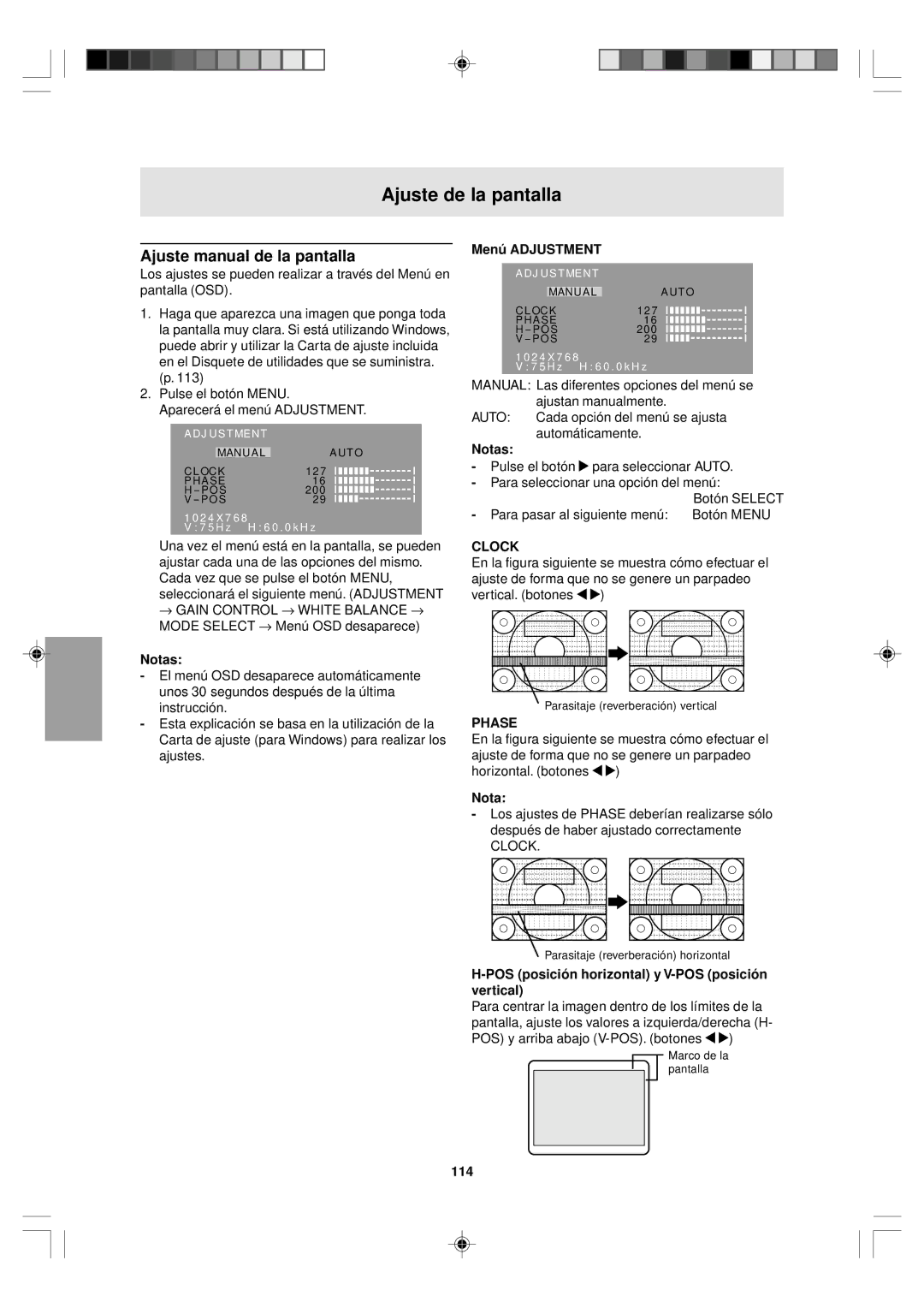 Sharp LL-T15V1 Ajuste manual de la pantalla, Menú Adjustment, POS posición horizontal y V-POS posición vertical, 114 