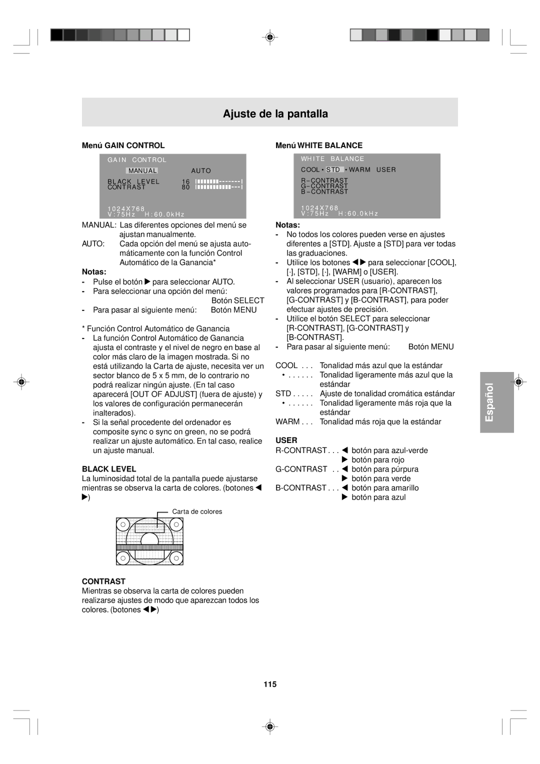 Sharp LL-T15V1 operation manual Menú Gain Control, Menú White Balance, 115 