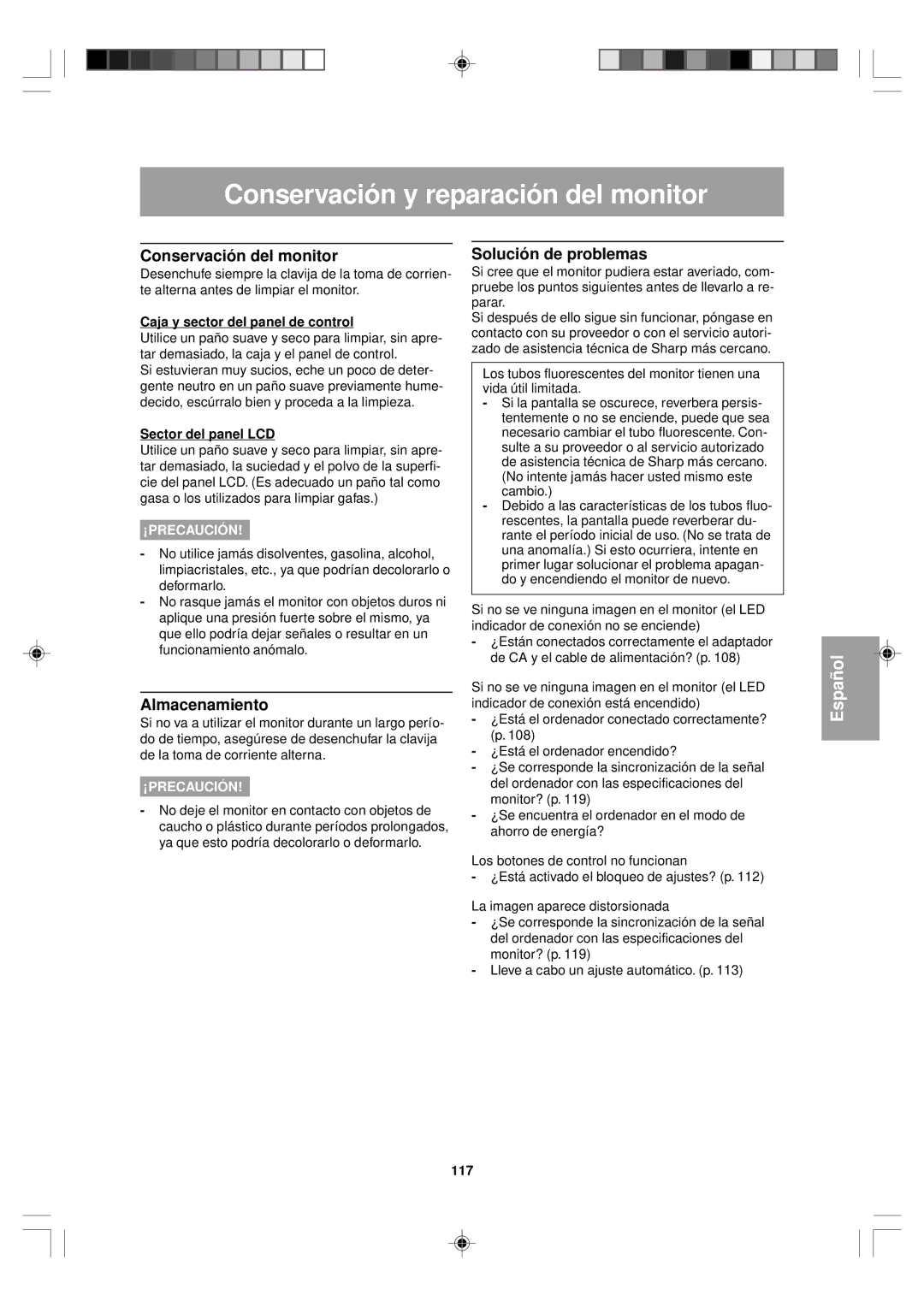 Sharp LL-T15V1 Conservación y reparación del monitor, Conservación del monitor, Almacenamiento, Solución de problemas 