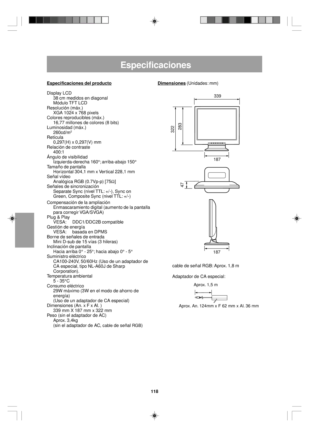 Sharp LL-T15V1 operation manual Especificaciones del producto, 118 