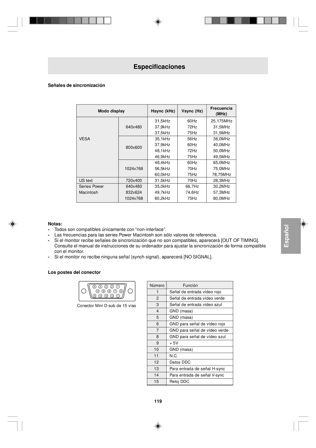 Sharp LL-T15V1 operation manual Especificaciones, Señales de sincronización, Los postes del conector, 119 