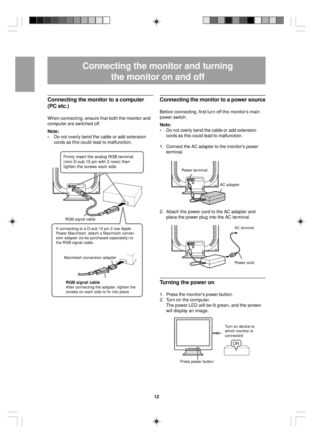 Sharp LL-T15V1 Connecting the monitor and turning Monitor on and off, Connecting the monitor to a computer PC etc 