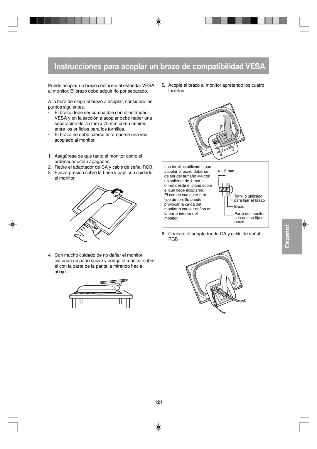 Sharp LL-T15V1 operation manual Instrucciones para acoplar un brazo de compatibilidad Vesa, 121 