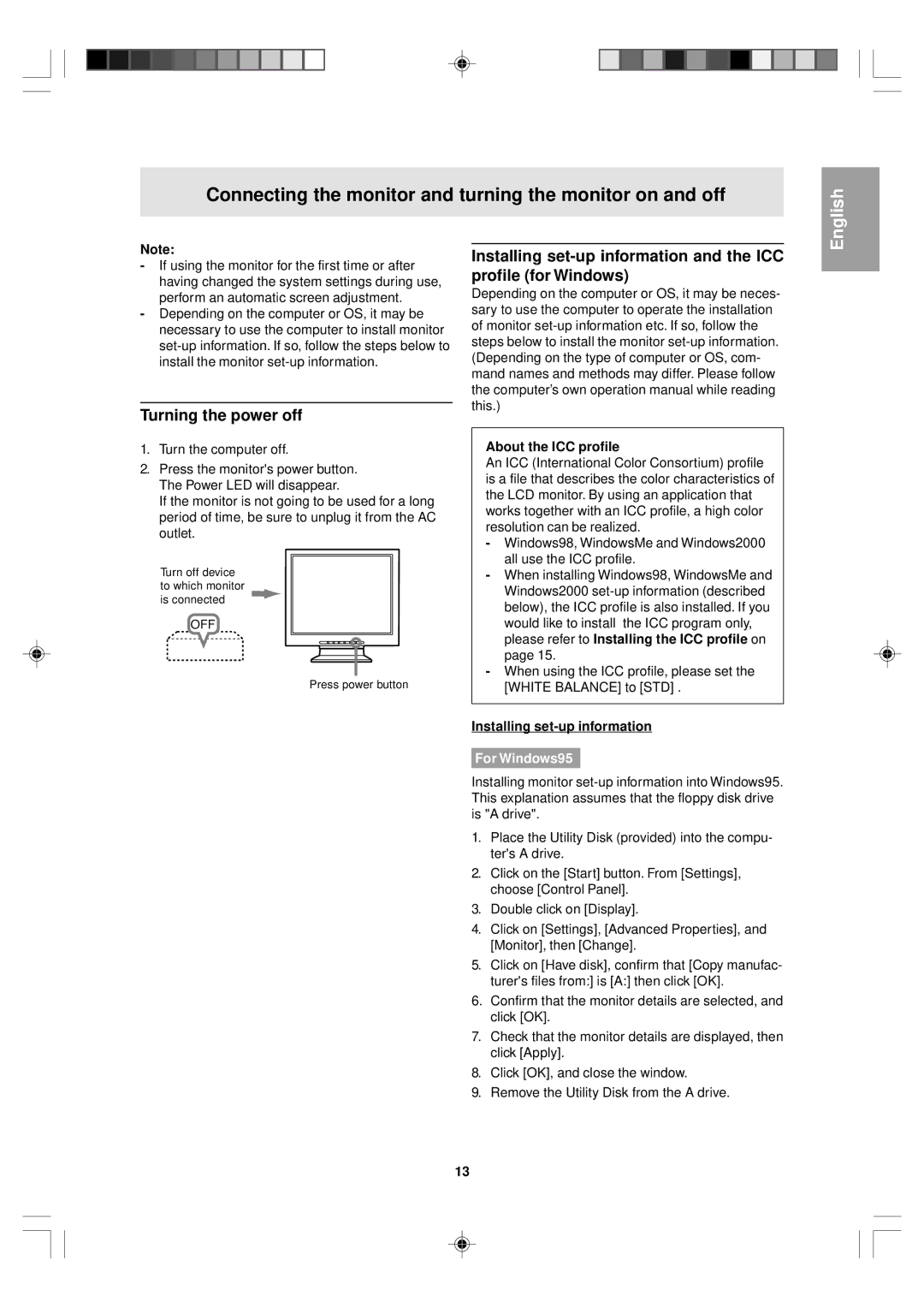 Sharp LL-T15V1 Connecting the monitor and turning the monitor on and off, Turning the power off, About the ICC profile 