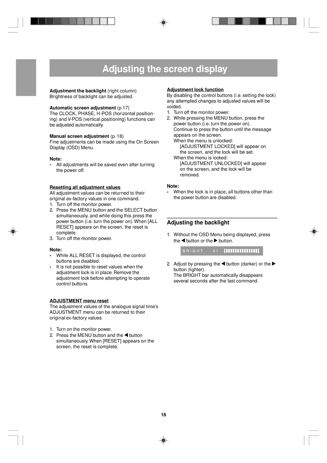 Sharp LL-T15V1 operation manual Adjusting the screen display, Adjusting the backlight 