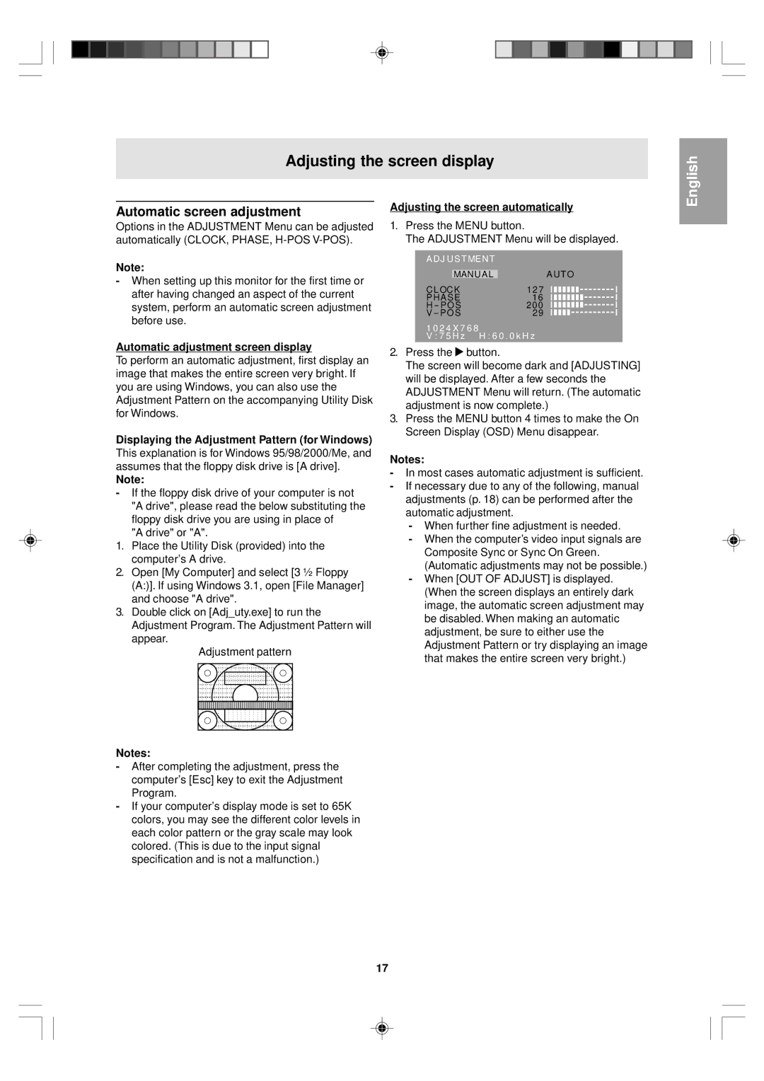 Sharp LL-T15V1 Adjusting the screen display, Automatic screen adjustment, Automatic adjustment screen display 