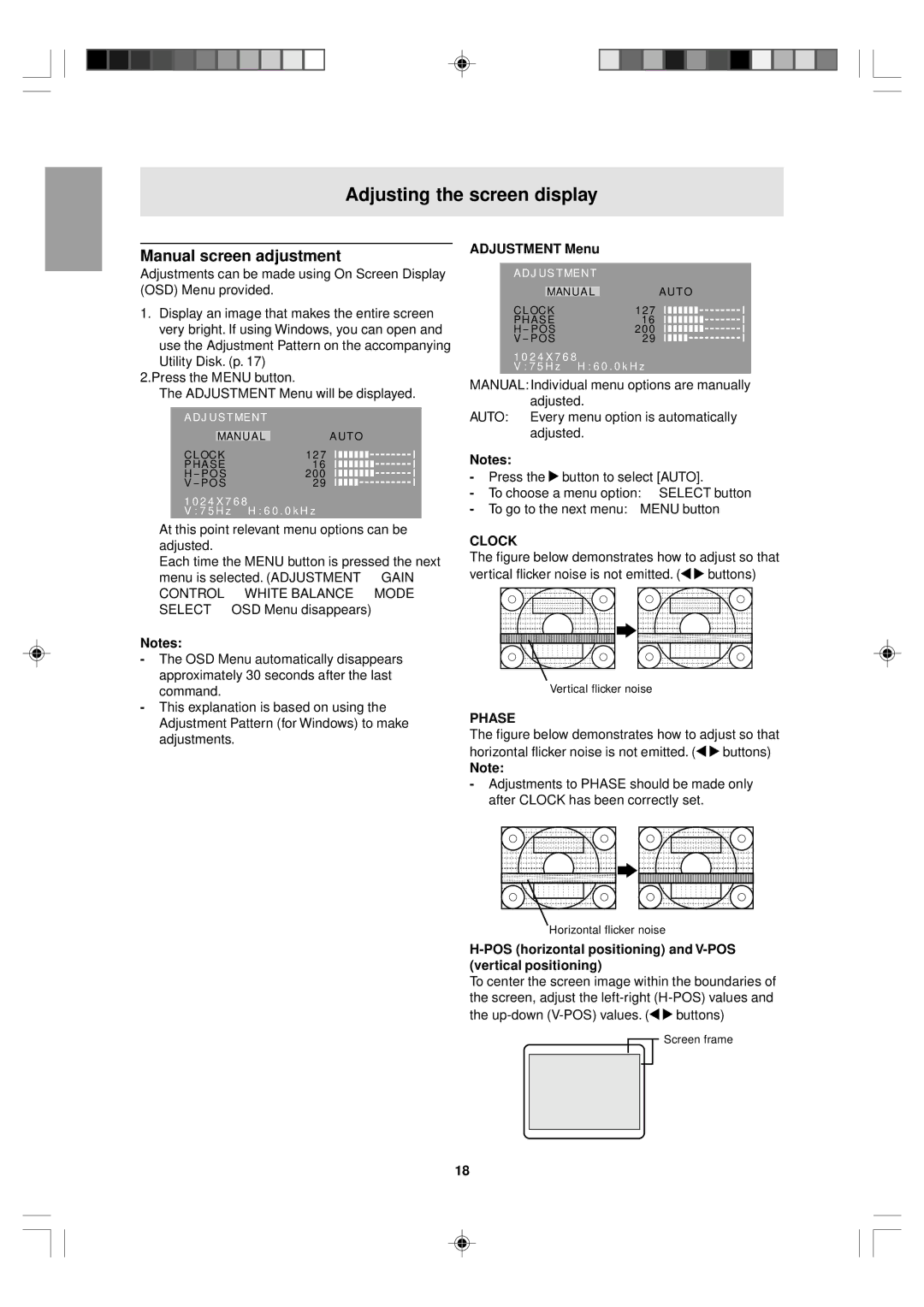 Sharp LL-T15V1 operation manual Manual screen adjustment, Adjustment Menu, Clock, Phase 