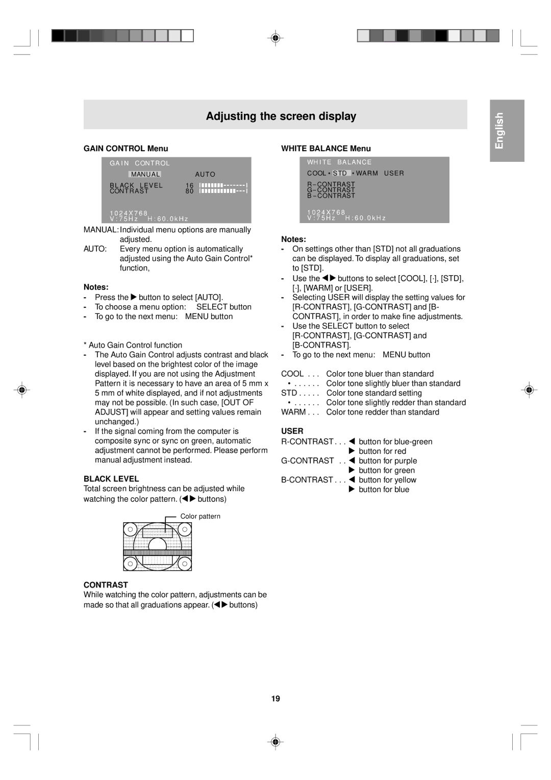 Sharp LL-T15V1 operation manual Gain Control Menu, Black Level, White Balance Menu, User, Contrast 