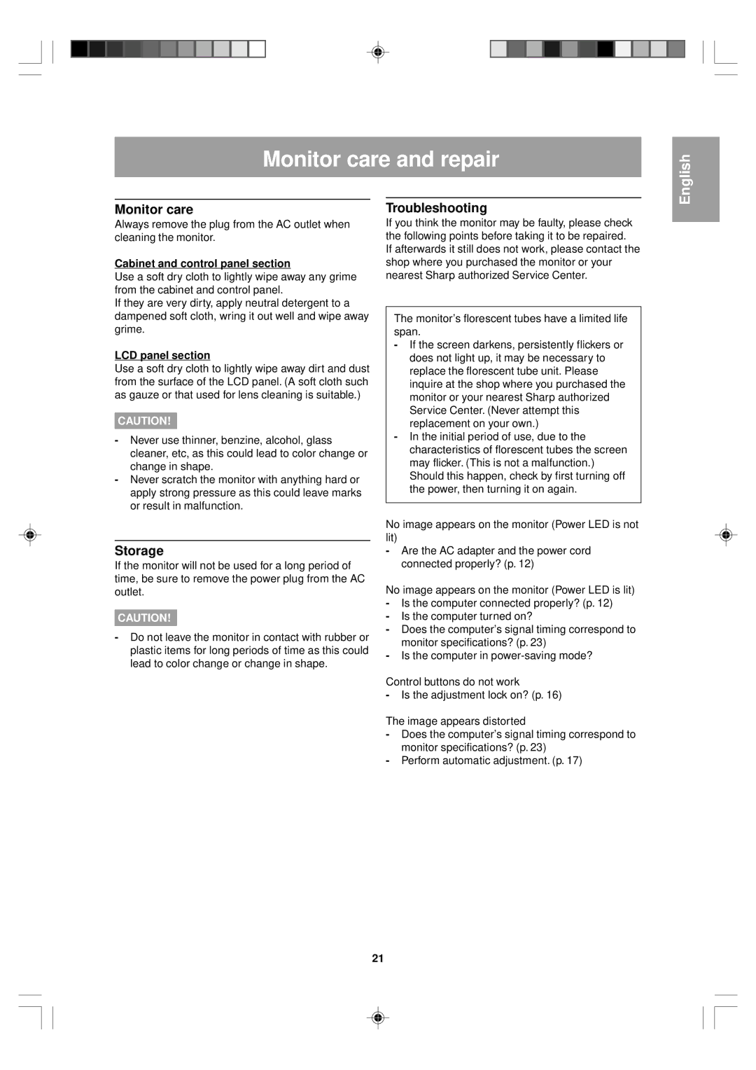 Sharp LL-T15V1 operation manual Monitor care and repair, Storage, Troubleshooting 