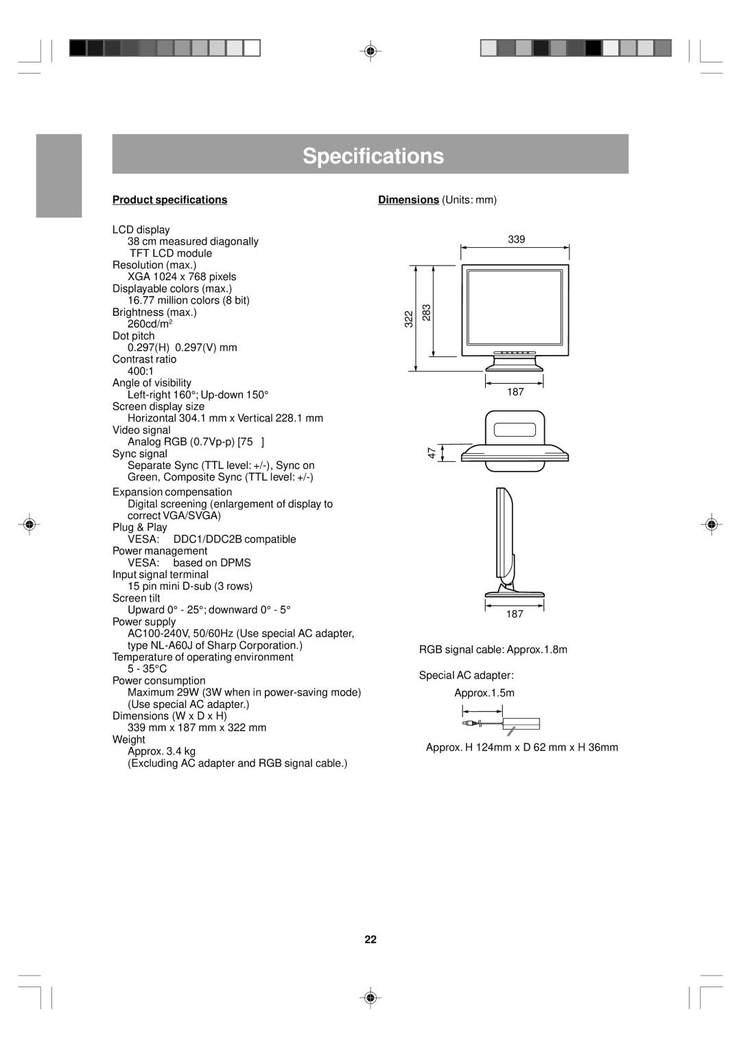 Sharp LL-T15V1 operation manual Specifications, Product specifications Dimensions Units mm 