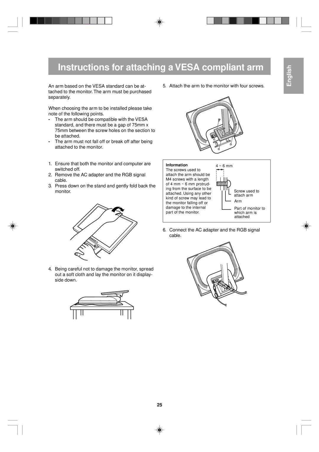 Sharp LL-T15V1 operation manual Instructions for attaching a Vesa compliant arm, Information 