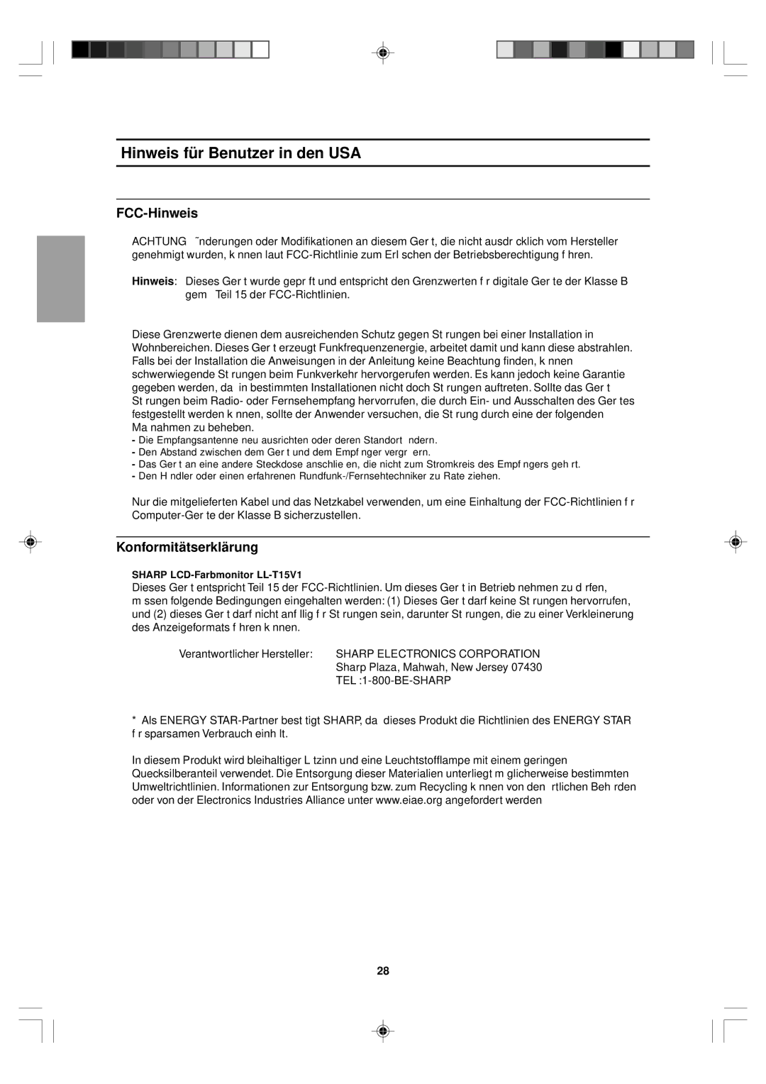 Sharp LL-T15V1 operation manual Hinweis für Benutzer in den USA, FCC-Hinweis, Konformitätserklärung 