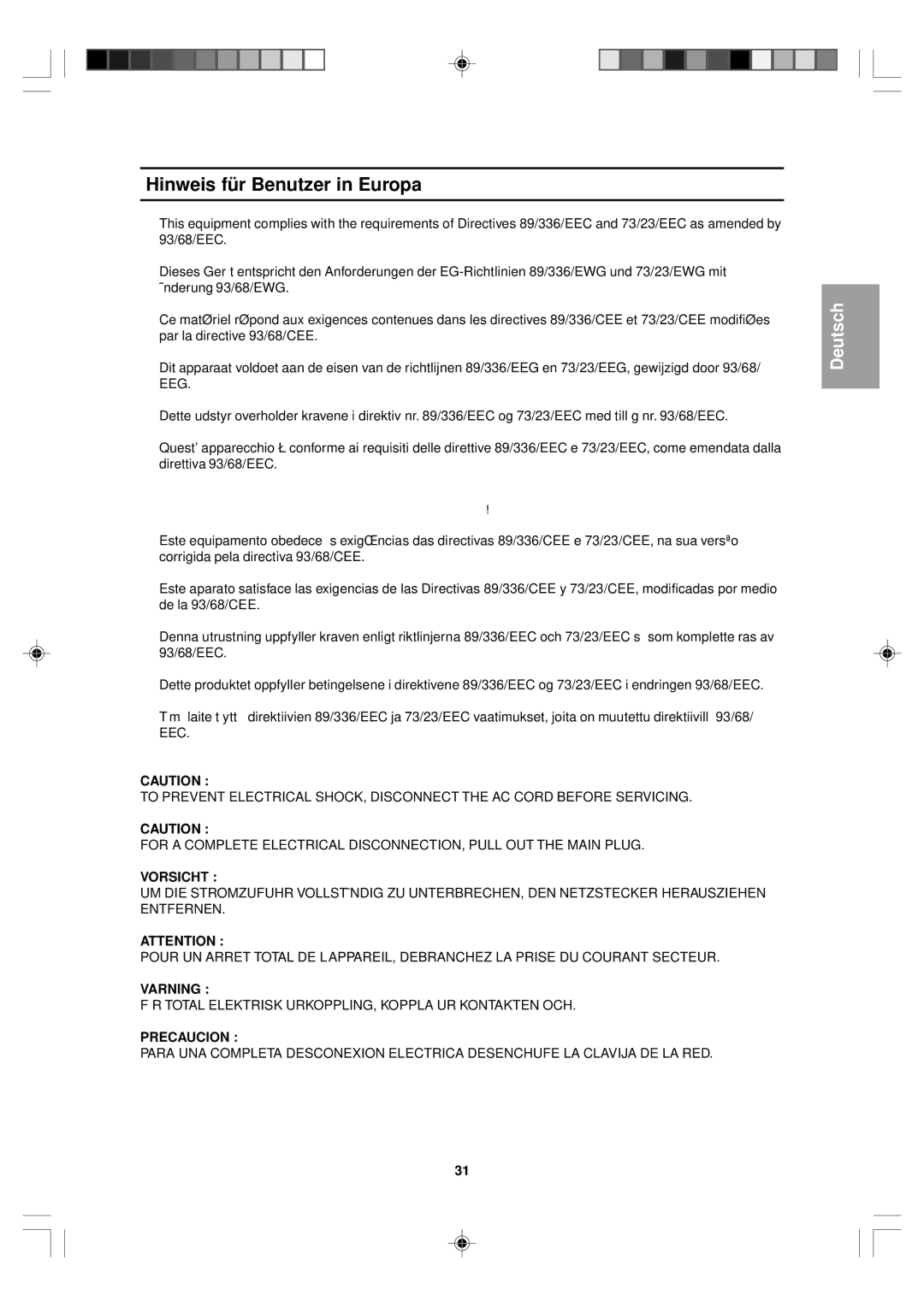 Sharp LL-T15V1 operation manual Hinweis für Benutzer in Europa, Vorsicht 