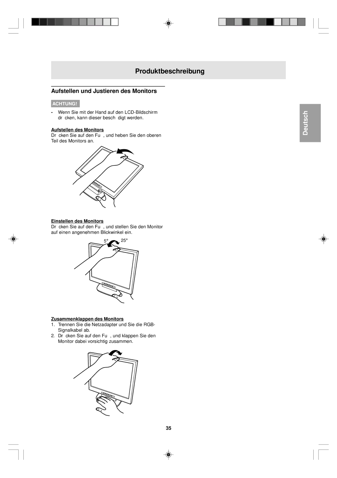 Sharp LL-T15V1 operation manual Produktbeschreibung, Aufstellen und Justieren des Monitors, Aufstellen des Monitors 