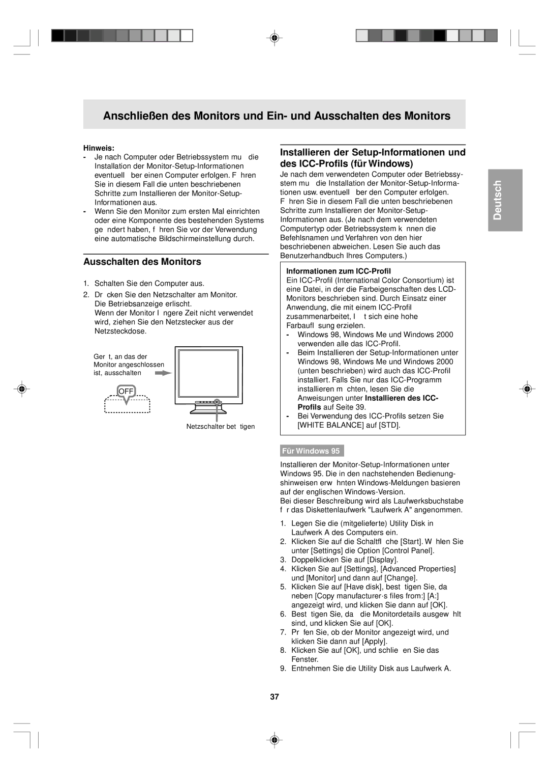 Sharp LL-T15V1 operation manual Ausschalten des Monitors, Informationen zum ICC-Profil 