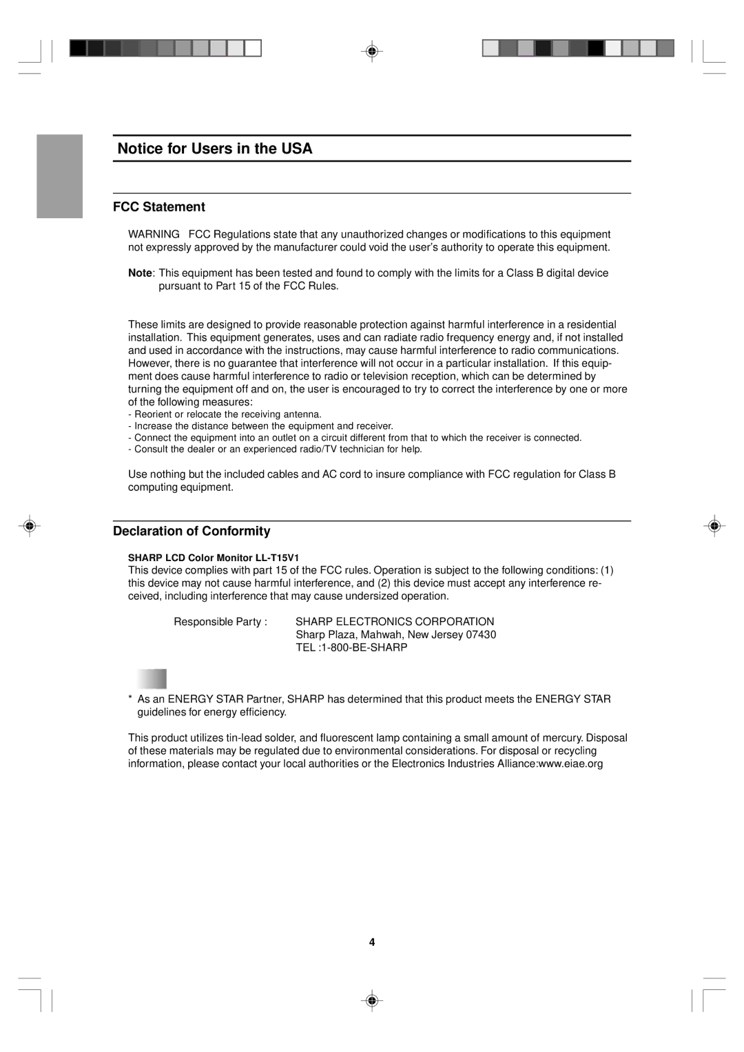 Sharp LL-T15V1 operation manual FCC Statement, Declaration of Conformity 