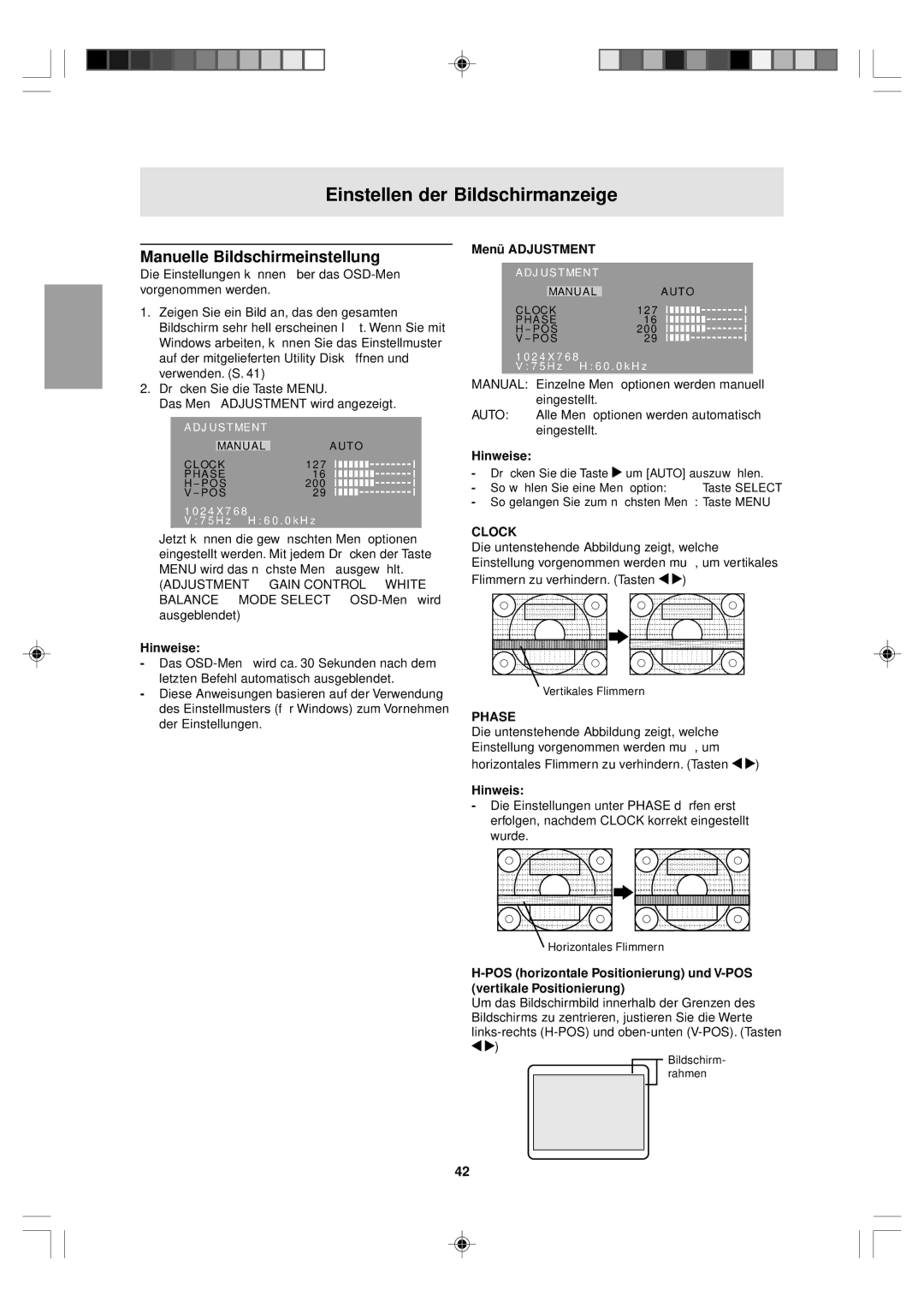 Sharp LL-T15V1 operation manual Manuelle Bildschirmeinstellung, Menü Adjustment 