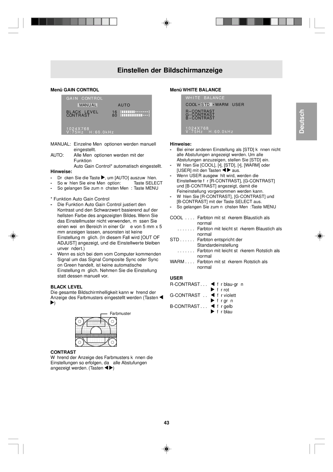 Sharp LL-T15V1 operation manual Menü Gain Control, Menü White Balance 