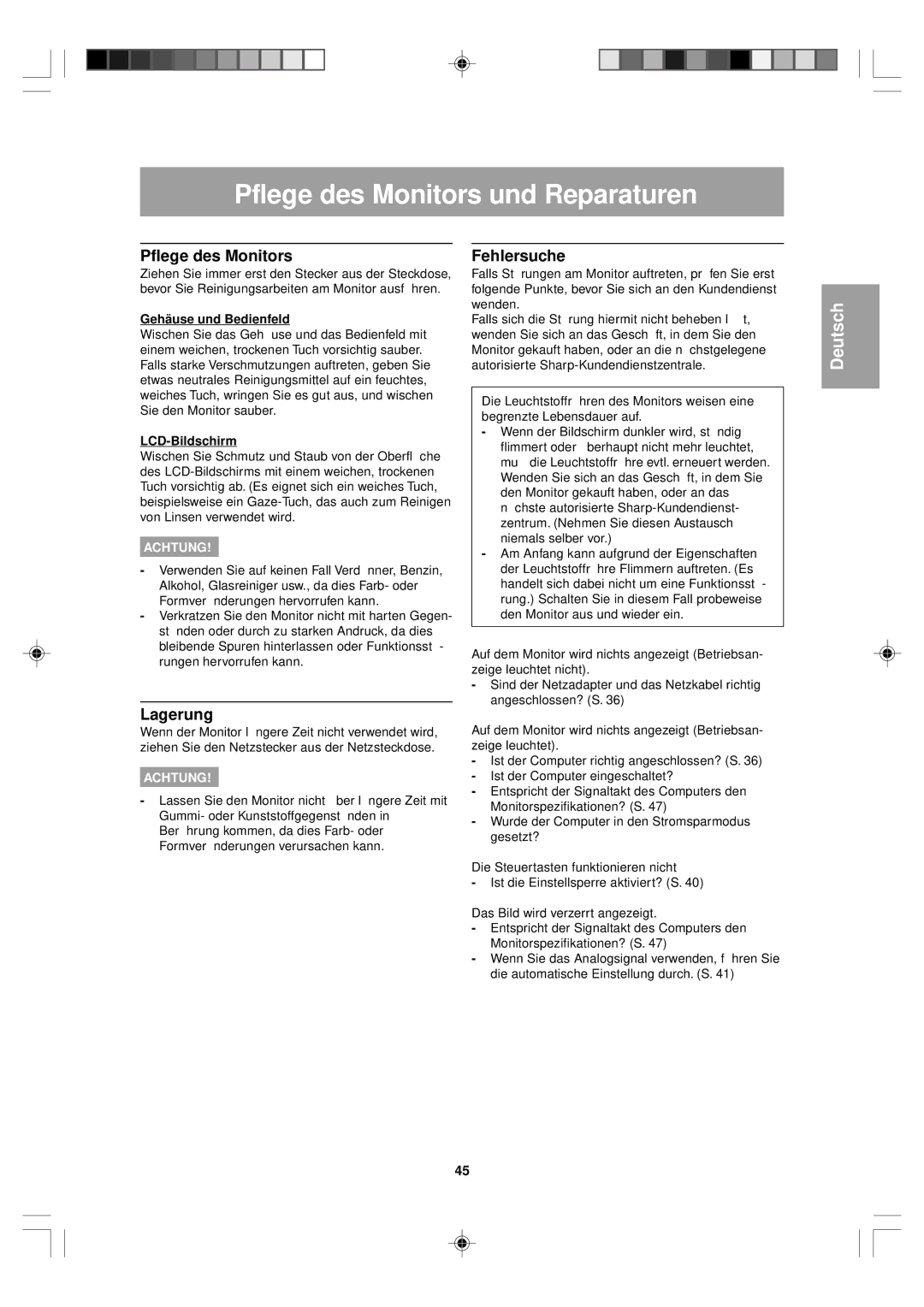 Sharp LL-T15V1 operation manual Pflege des Monitors und Reparaturen, Lagerung, Fehlersuche 