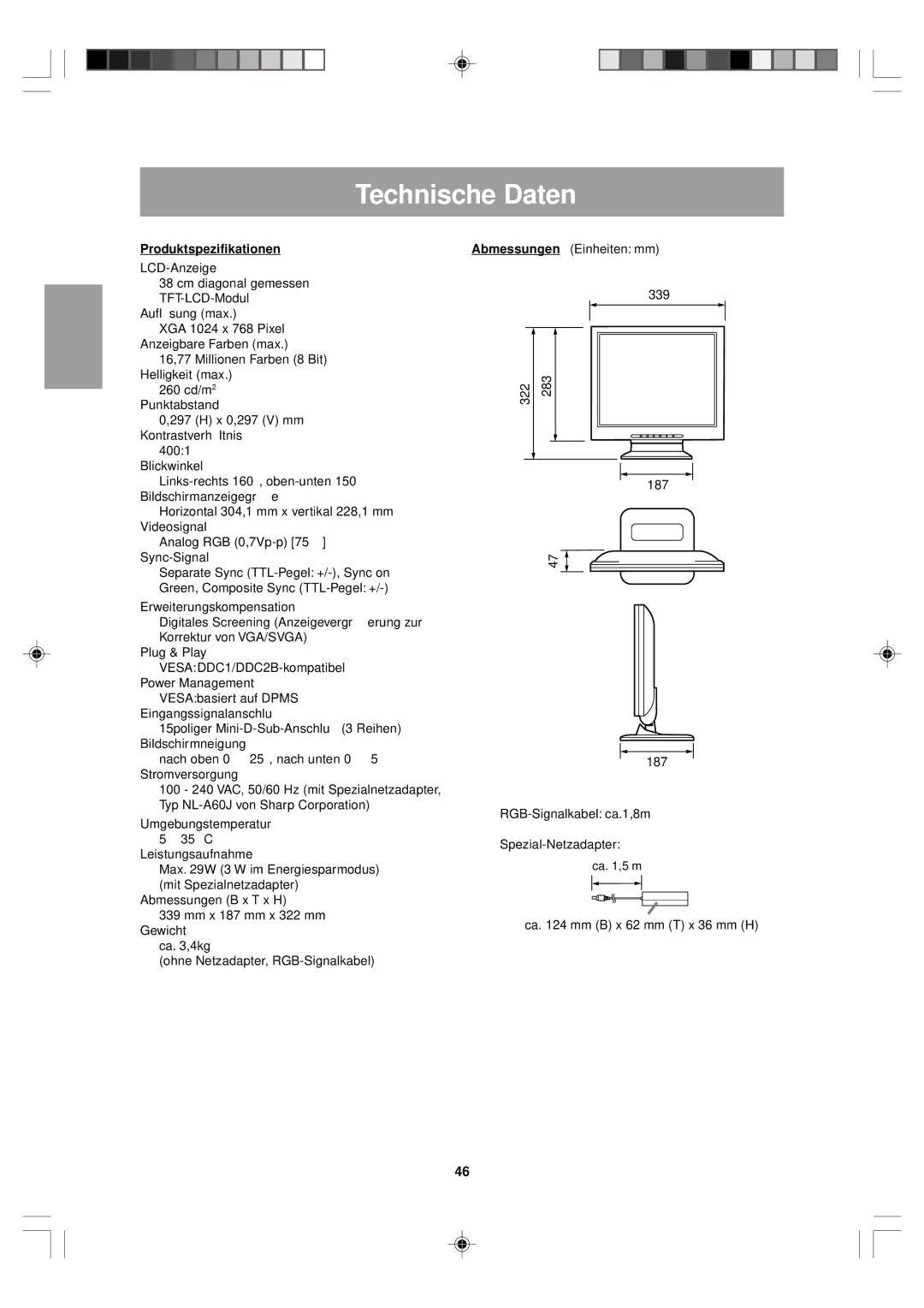 Sharp LL-T15V1 operation manual Technische Daten, Produktspezifikationen 