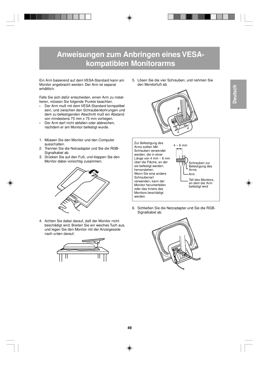 Sharp LL-T15V1 operation manual Anweisungen zum Anbringen eines Vesa Kompatiblen Monitorarms 