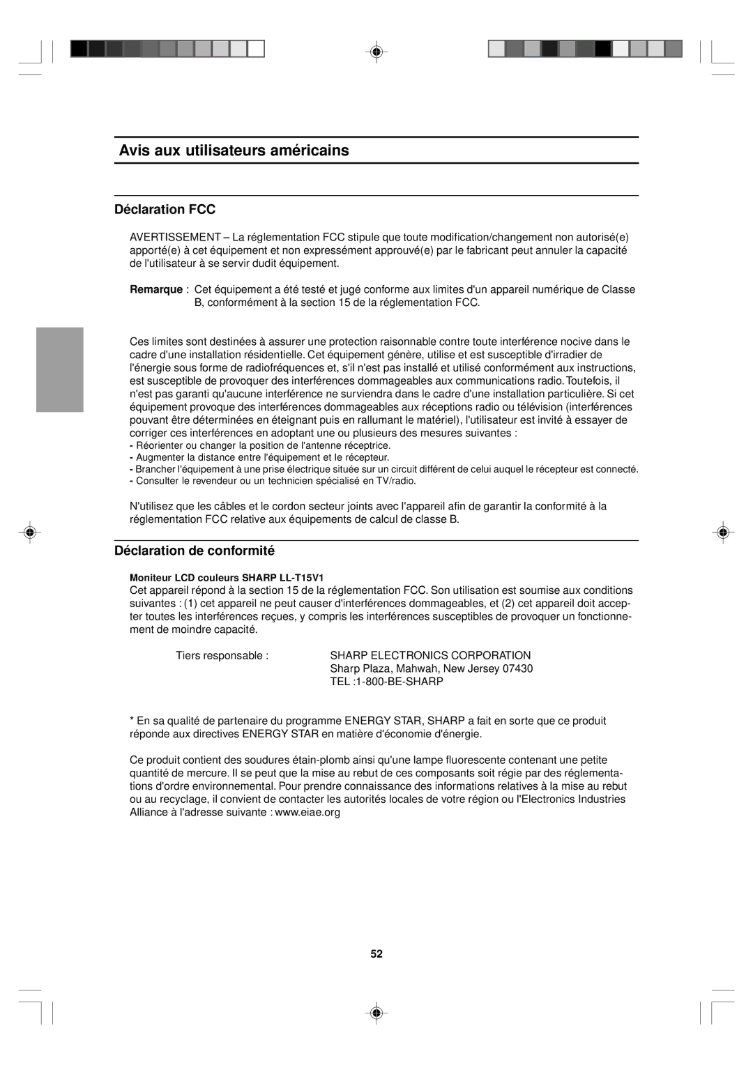 Sharp LL-T15V1 operation manual Avis aux utilisateurs américains, Déclaration FCC, Déclaration de conformité 