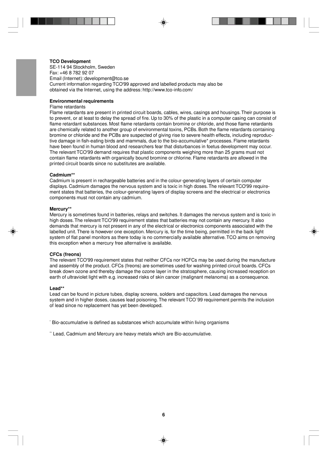 Sharp LL-T15V1 operation manual TCO Development, Environmental requirements, Cadmium, Mercury, CFCs freons, Lead 