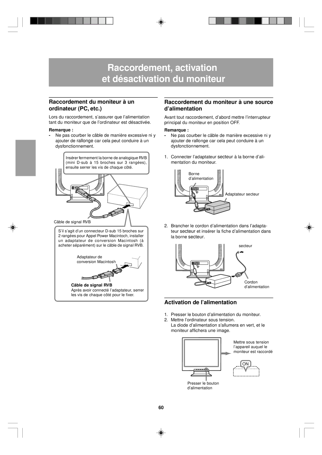 Sharp LL-T15V1 Raccordement du moniteur à un ordinateur PC, etc, Raccordement du moniteur à une source d’alimentation 