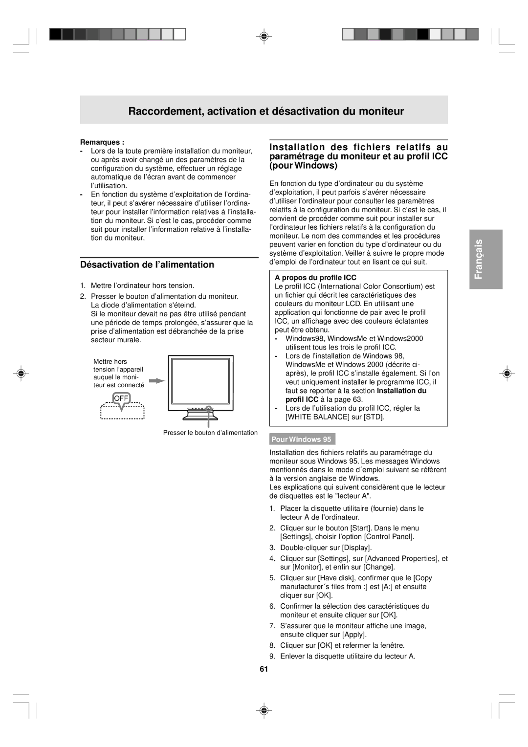 Sharp LL-T15V1 operation manual Raccordement, activation et désactivation du moniteur, Désactivation de l’alimentation 