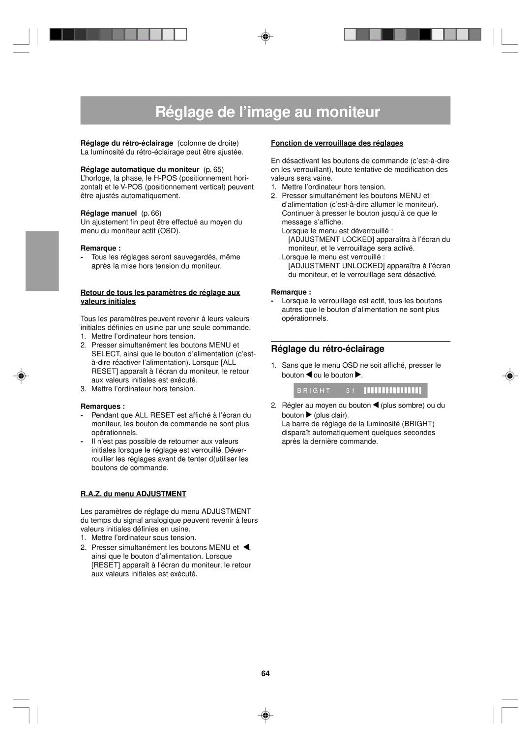 Sharp LL-T15V1 operation manual Réglage de l’image au moniteur, Réglage du rétro-éclairage, Z. du menu Adjustment 