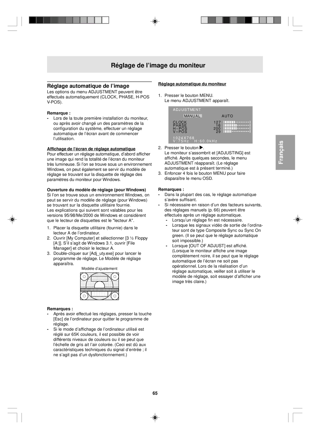 Sharp LL-T15V1 Réglage de l’image du moniteur, Réglage automatique de l’image, Régla ge automatique du moniteur 