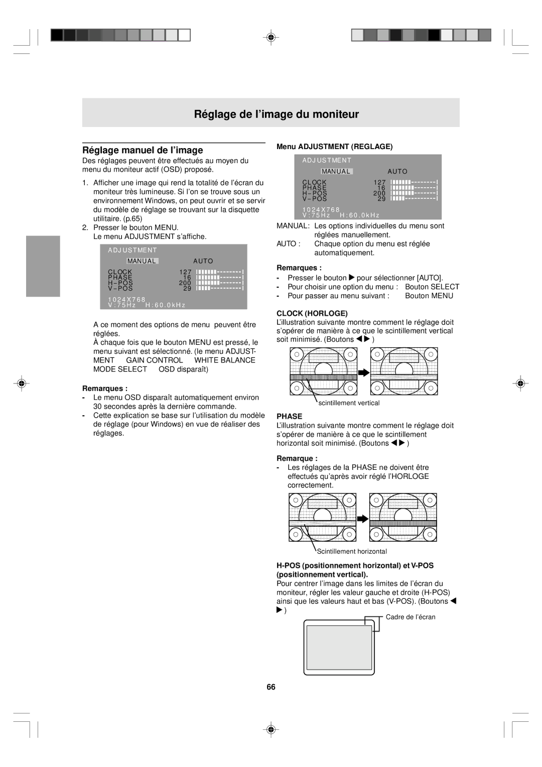 Sharp LL-T15V1 operation manual Réglage manuel de l’image, Menu Adjustment Reglage, Clock Horloge 