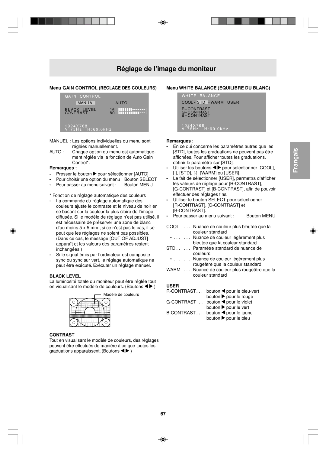 Sharp LL-T15V1 operation manual Menu Gain Control Reglage DES Couleurs, Menu White Balance Equilibre DU Blanc 