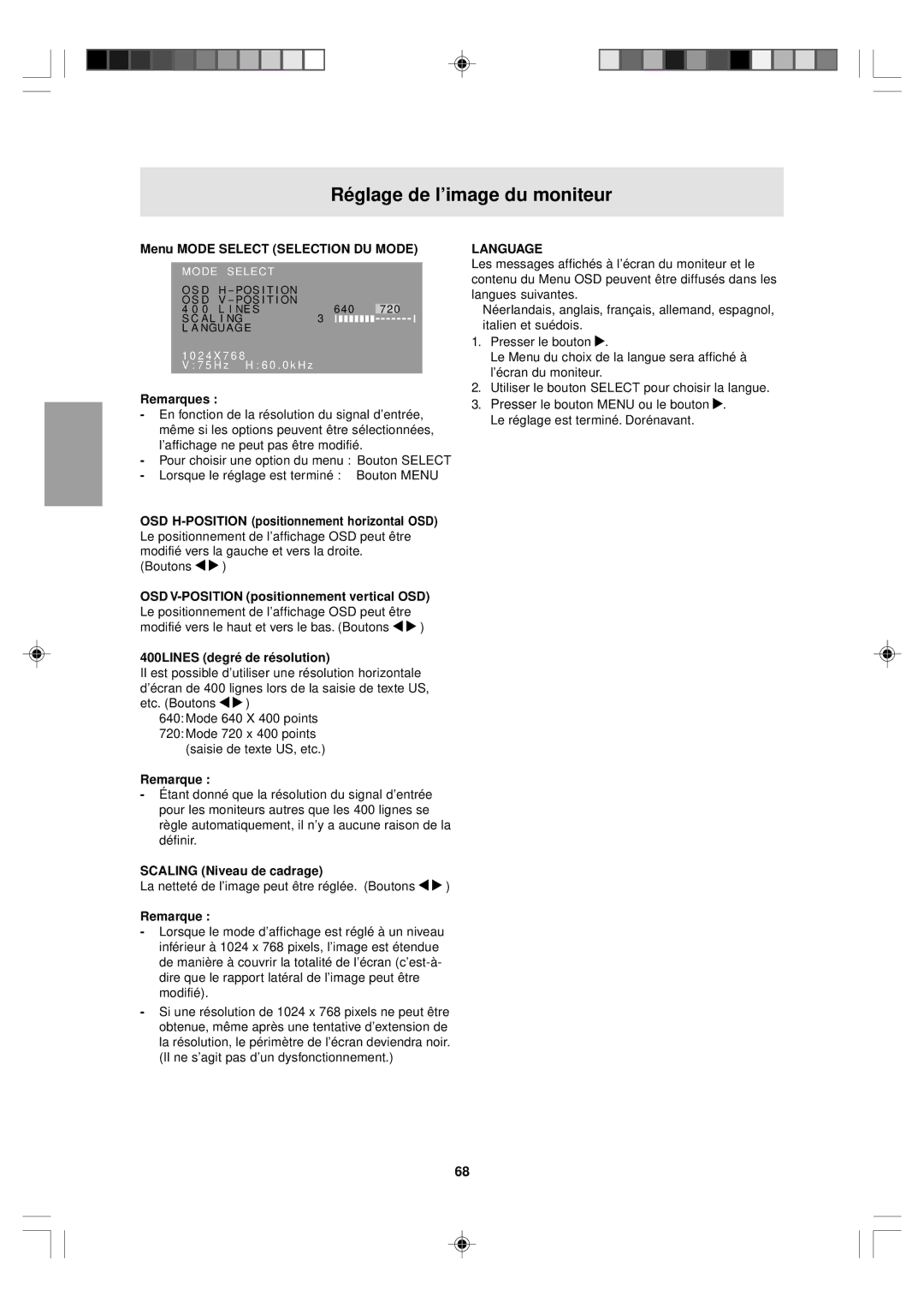 Sharp LL-T15V1 operation manual Menu Mode Select Selection DU Mode, 400LINES degré de résolution, Scaling Niveau de cadrage 