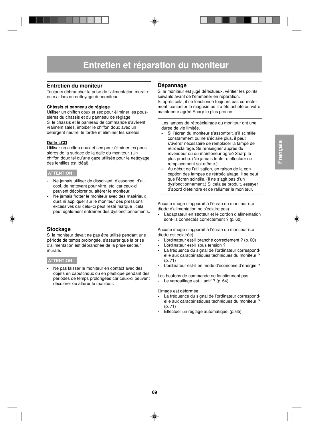 Sharp LL-T15V1 operation manual Entretien et réparation du moniteur, Entretien du moniteur, Stockage, Dépannage 