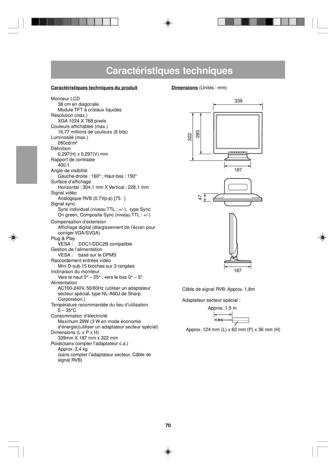 Sharp LL-T15V1 operation manual Caractéristiques techniques, Caractéristiques tec hniques du produit 