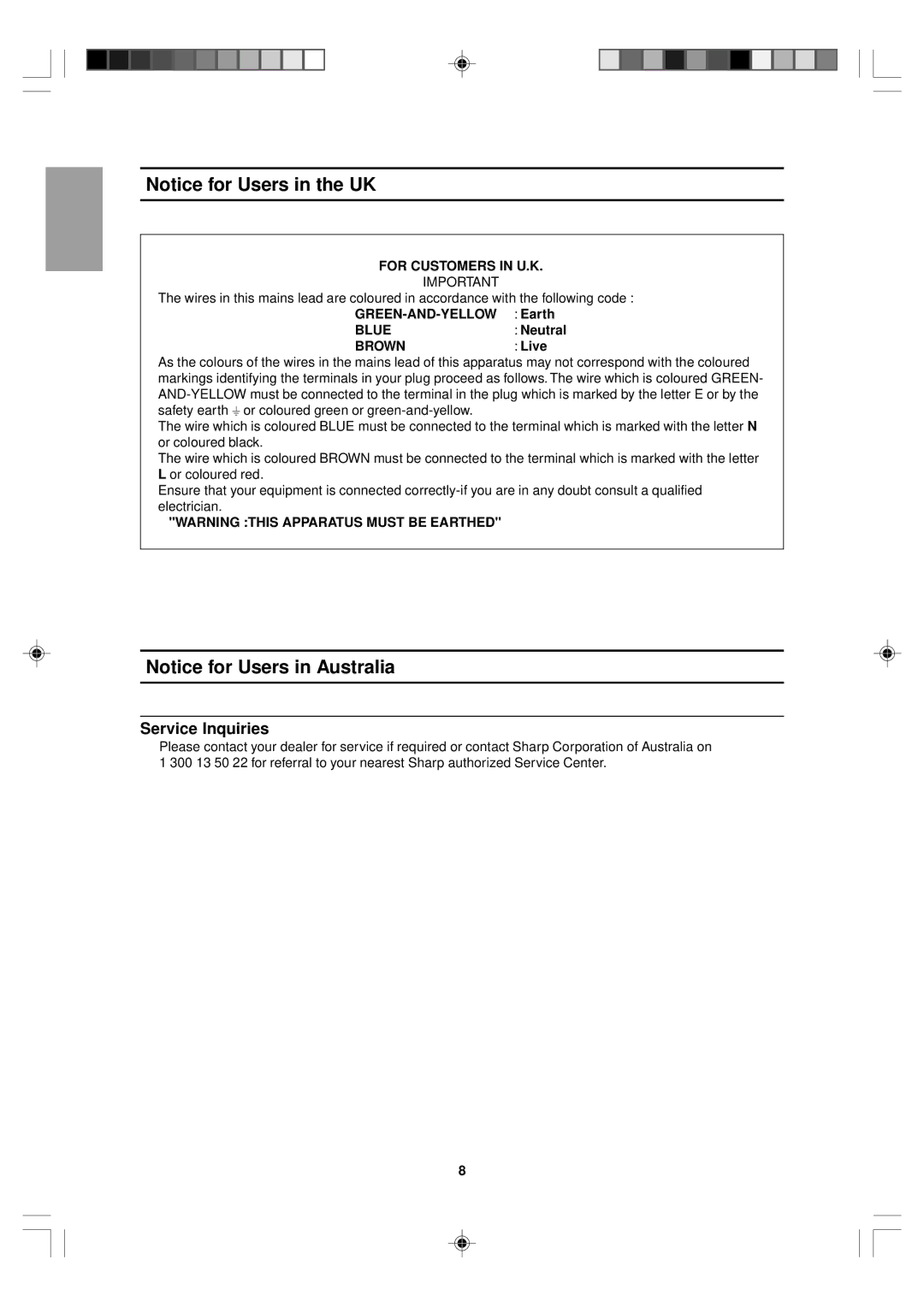 Sharp LL-T15V1 operation manual Service Inquiries, For Customers in U.K, Blue, Brown 