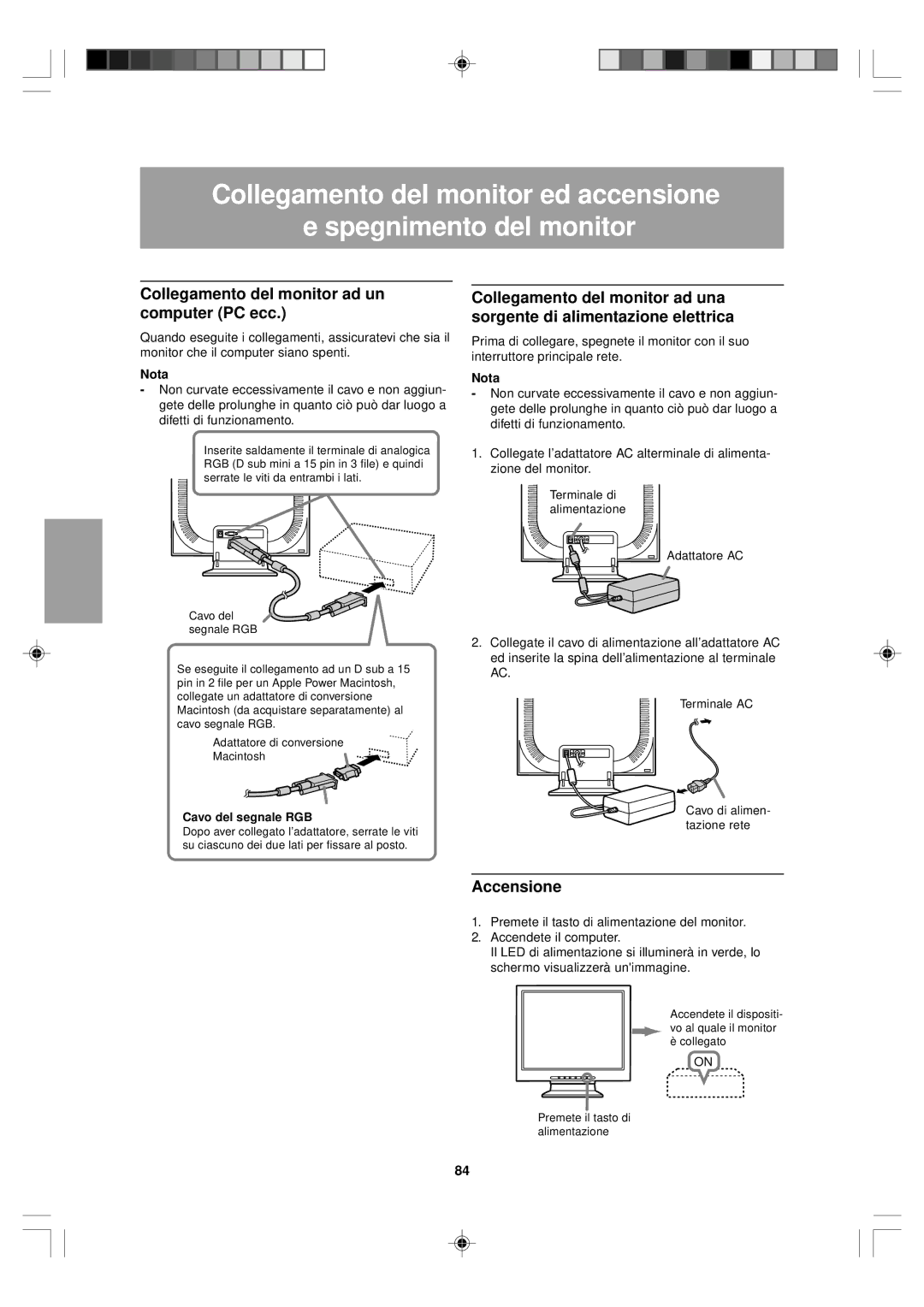 Sharp LL-T15V1 operation manual Collegamento del monitor ad un computer PC ecc, Accensione, Nota 