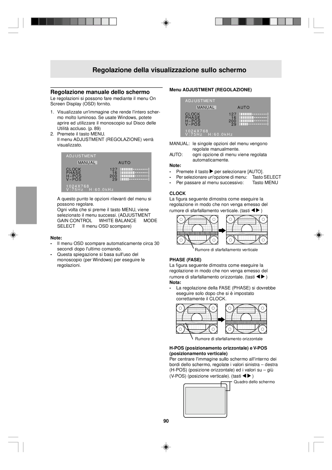 Sharp LL-T15V1 operation manual Regolazione manuale dello schermo, Menu Adjustment Regolazione, Phase Fase 