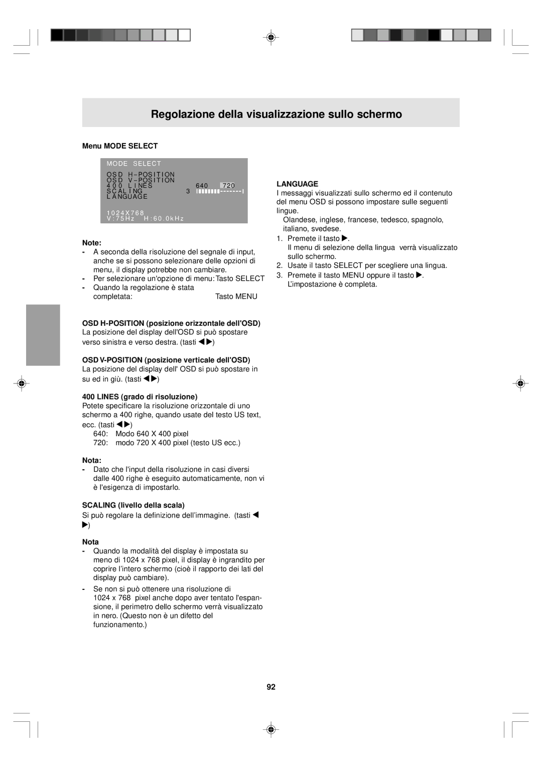 Sharp LL-T15V1 operation manual Menu Mode Select, Lines grado di risoluzione, Scaling livello della scala 