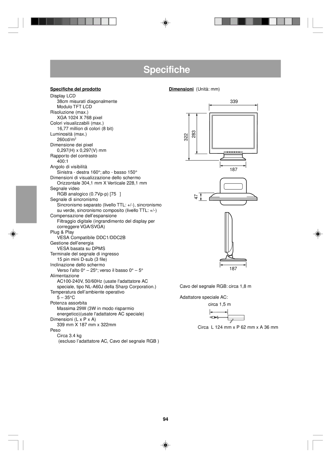 Sharp LL-T15V1 operation manual Specifiche del prodotto 